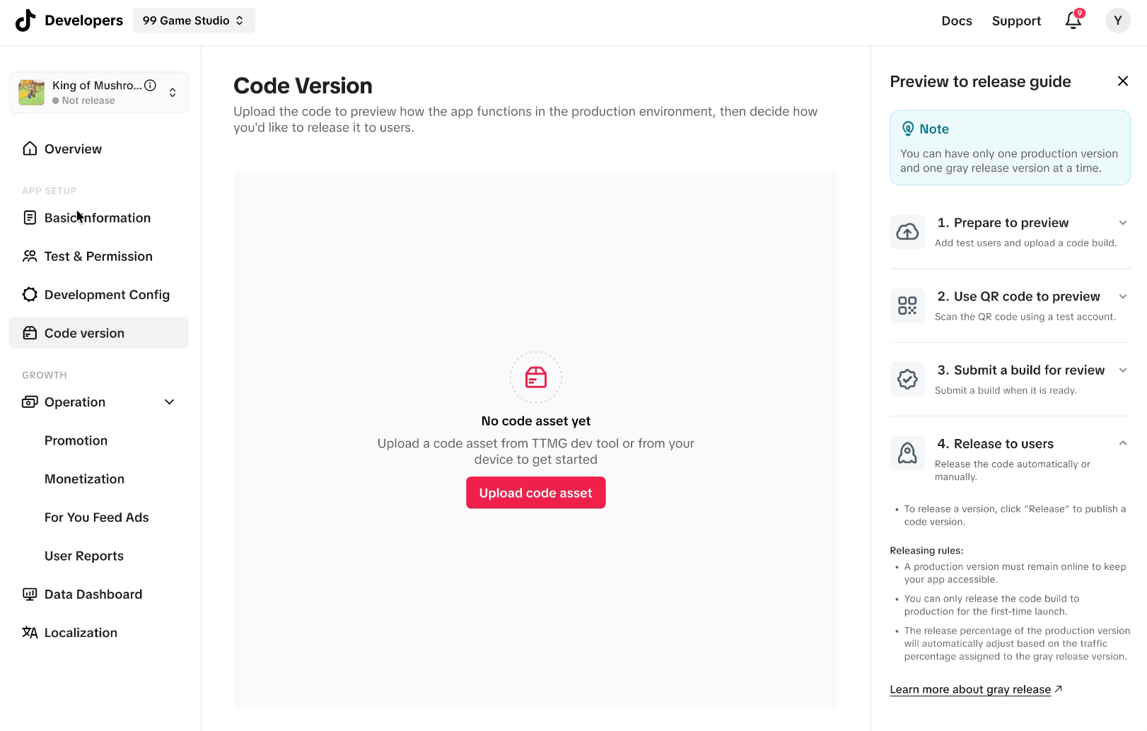 The Code Version page with the preview-to-release guide open — preparing a preview, submitting a build for review, and releasing to users